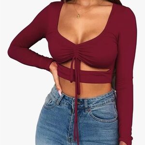Burgundy Long Sleeve cut out Crop Top